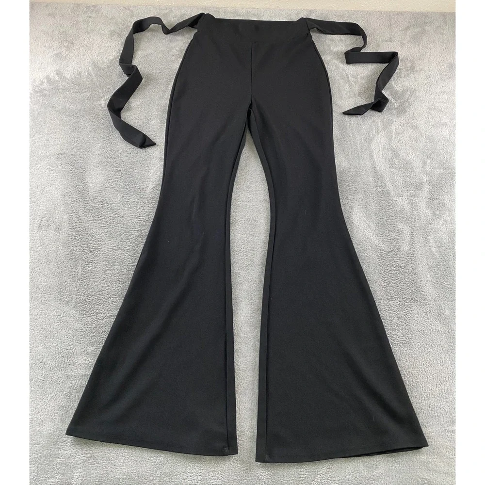 Windsor Womens Black High Waisted Flare Bell Bottom Pants with Side Ties Size S